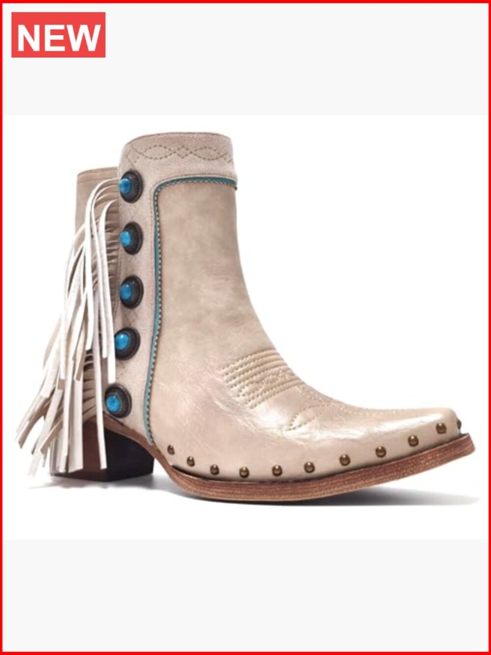 Fringe Studded Cowboy Ankle Booties with Turquoise Stones - Picture 3 of 7